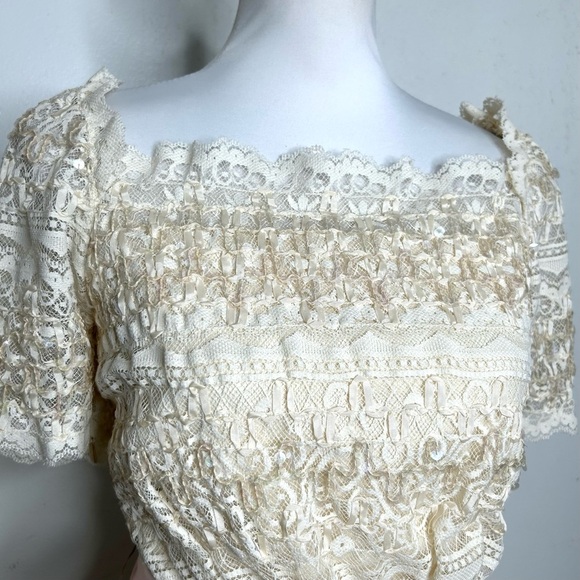 Vintage Lillie Rubin Ivory Lace Dress Sequin Square Neck Fit Flare Bridal - Picture 4 of 9